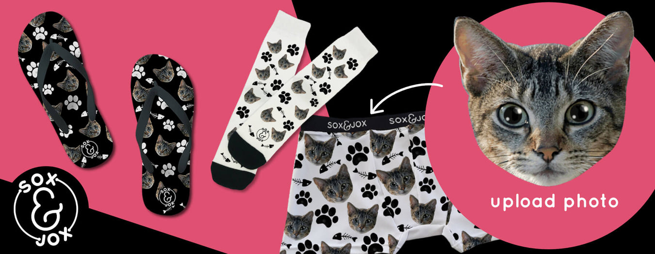 upload your pet photo and have it printed on your socks, jocks or flops