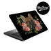 vinyl laptop skin with a mock stich design of roses and a french bulldog