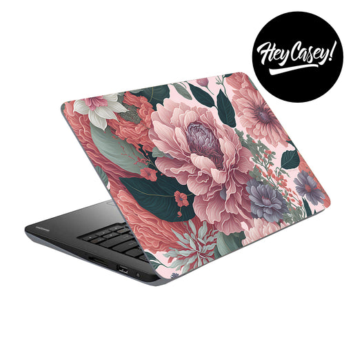 vinyl laptop skin with a modern floral design in pinks, blues and greens