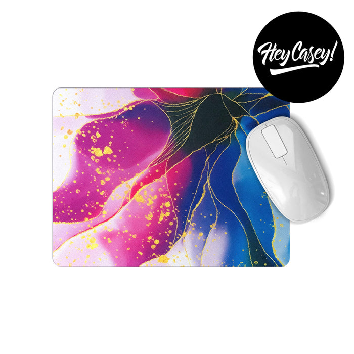 Mousepad with pink blue and gold illustration