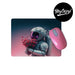 A mouse pad with a print of a sci-fi astronaut holding a bunch of flowers