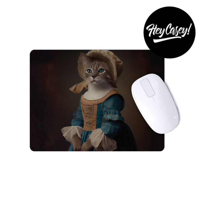 Mousepad with a cat dressed in renaissance style dress and bonnet