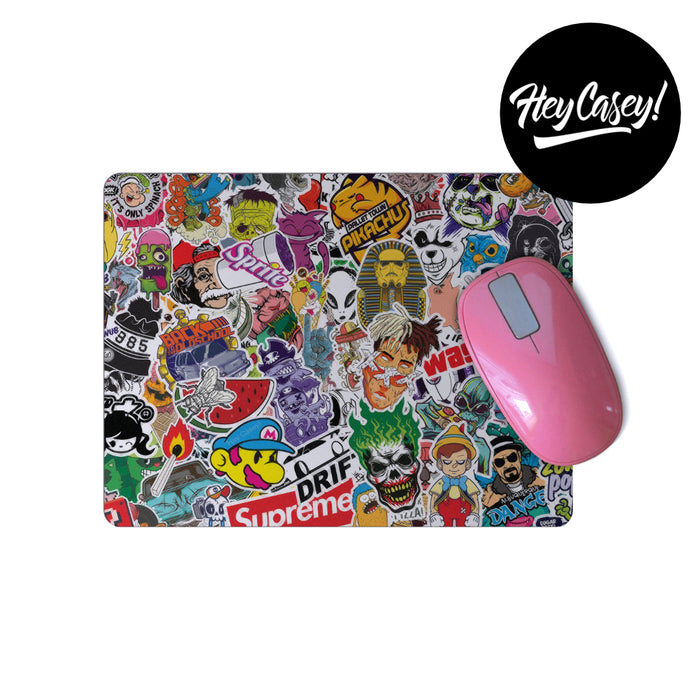 mousepad with a collage of stickers