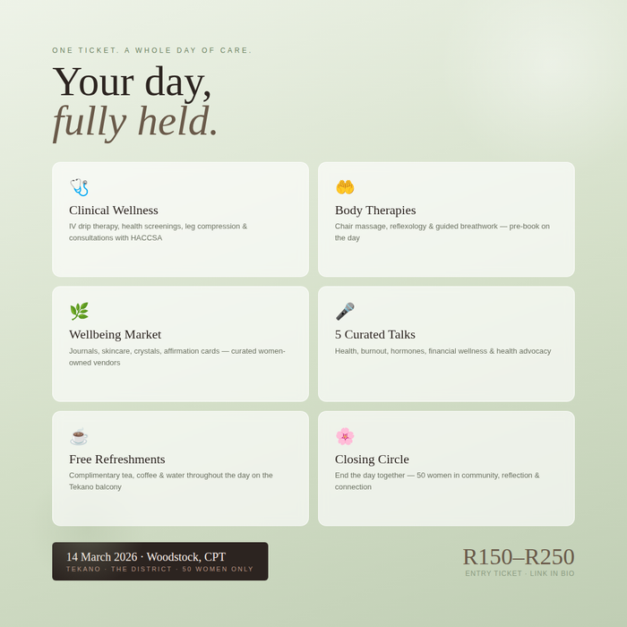 Women's Wellbeing Mini Fest (Cape Town) — Your Wholeness Awaits - Tickets, Vendors, Book Treatment