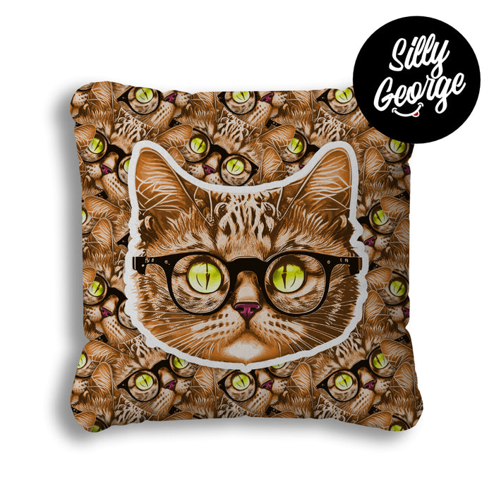 printed sticker effect cushion with a cat wearing sunglasses