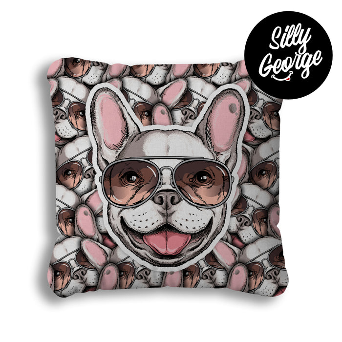 Sticker look cushion with a french bulldog wearing sunglasses