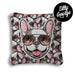 Sticker look cushion with a french bulldog wearing sunglasses