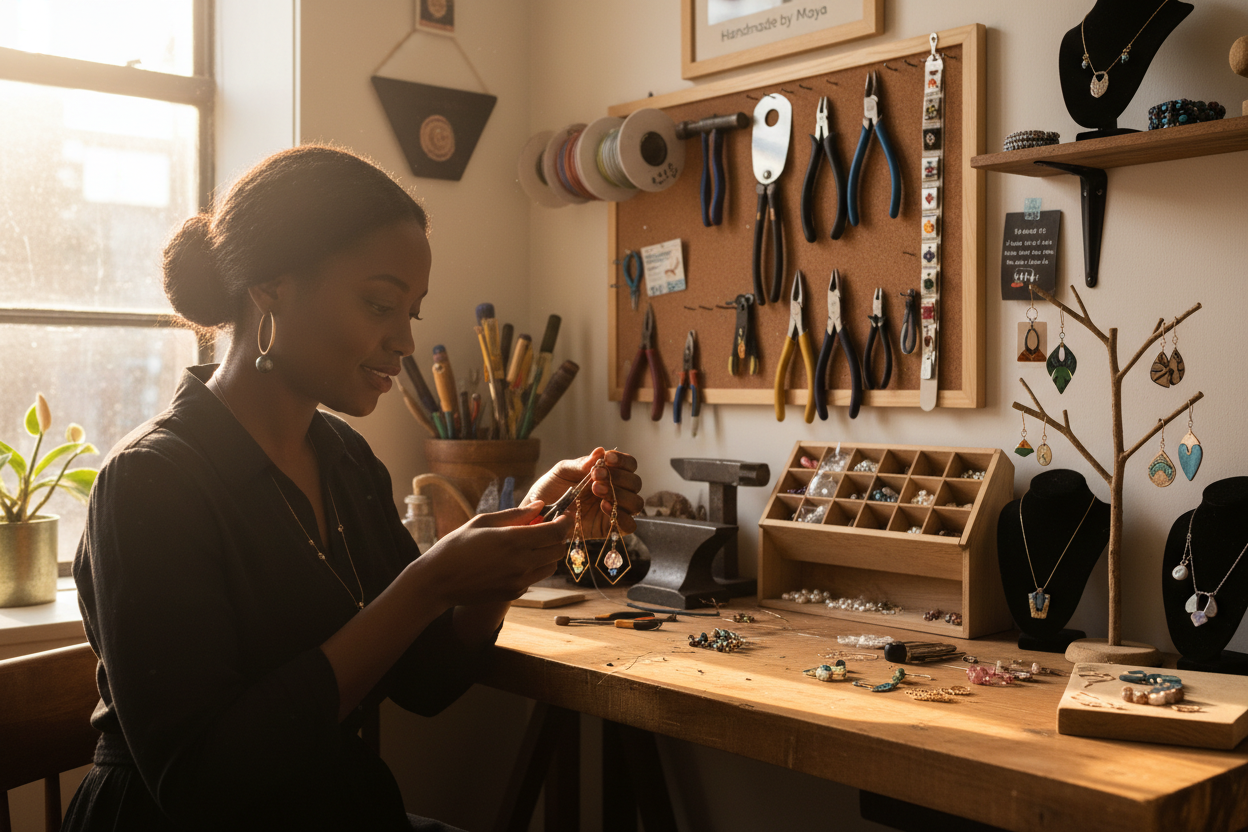 Black woman making earrings and accessories