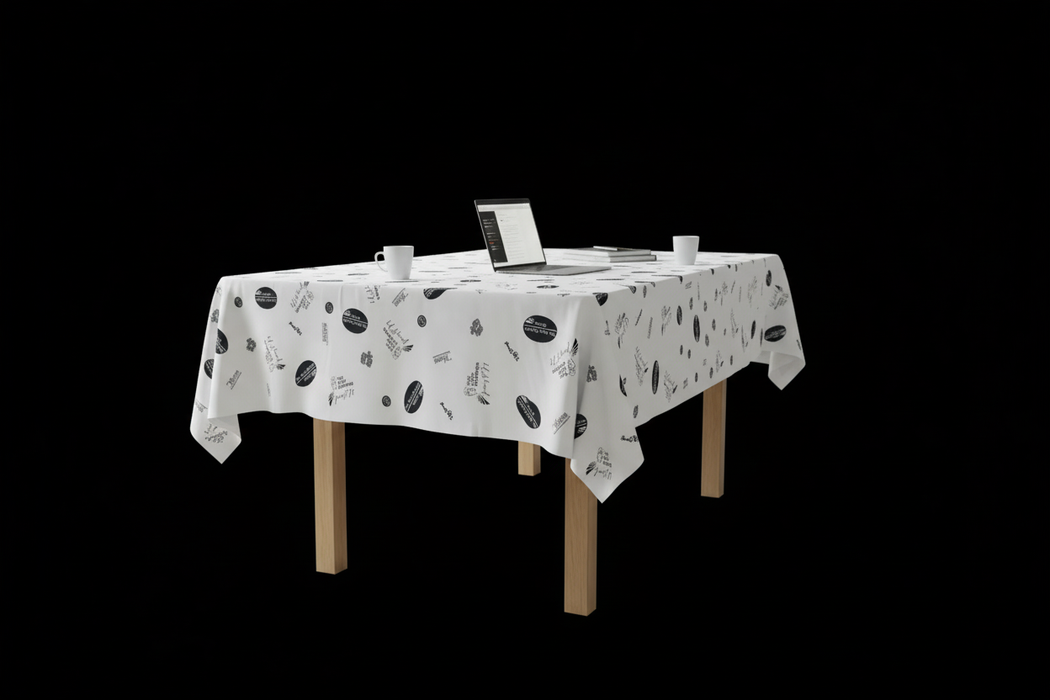 Corporate branded tablecloth on black background