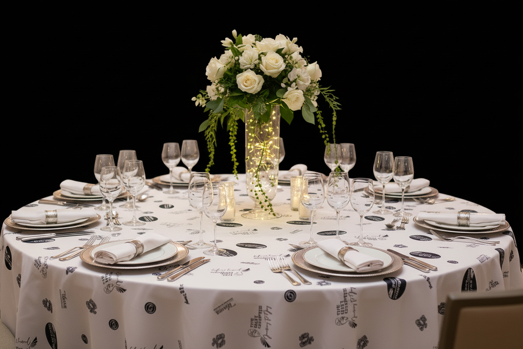 Corporate gala tablecloth on black background