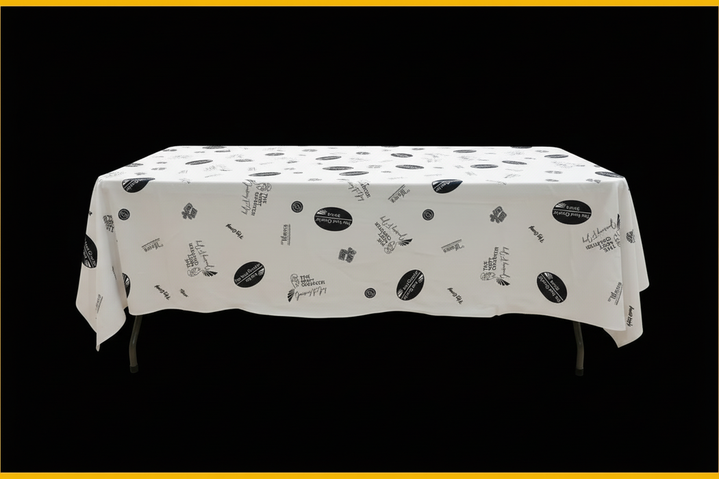 Trade show tablecloth on black background